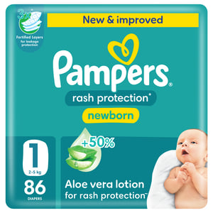 Pampers Rash Protection Taped Diapers, Size 1, 2-5kg, Mega Pack, 86 pcs