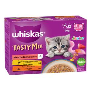 Whiskas Tasty Mix Junior Catfood Mix Of The Sea Collection In Jelly From 2-12 Months 12 x 70 g