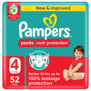 Pampers Rash Protection Pants Diapers, Size 4, 9-14kg, Mega Pack, 52 pcs