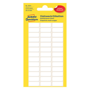 Avery 20 x 8 mm Permanent Multipurpose Labels, 234 Labels/6 Page, White, 3073