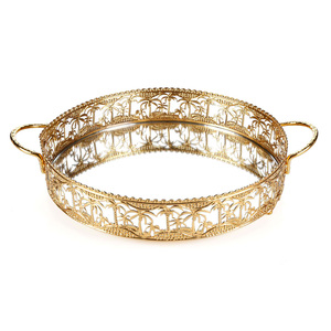 Helvacioglu Steel with Gold Plated & Glass Round Tray, 30 cm, HEL30