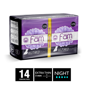 Fam Natural Cotton Feel Extra Thin Feminine Pads Night with Wings 14 pcs