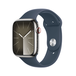 Apple Watch Series 9 GPS + Cellular, Silver Stainless Steel Case with Storm Blue Sport Band, 45 mm, M/L, MRMP3