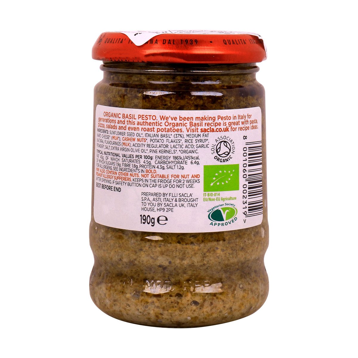 Sacla Organic Basil Pesto Vegetarian Recipe 190 g