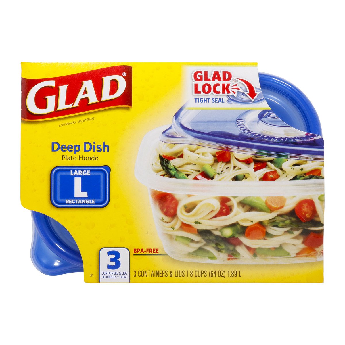 Glad Home Collection Containers & Lids, Deep Dish, Large, Rectangle, 64  Ounce, Plastic Bags