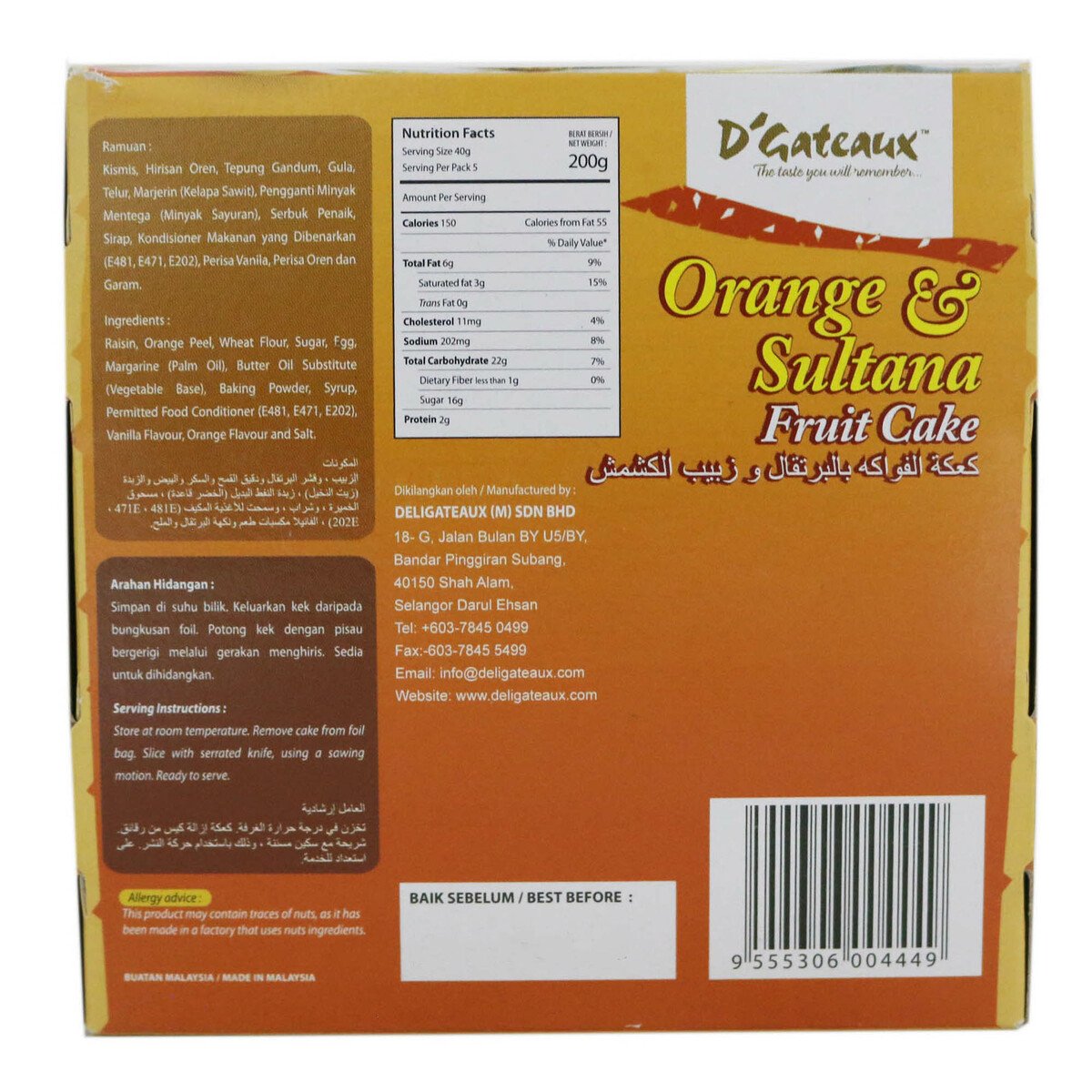 Deligateaux Fruitcake Orange & Sultana 200g