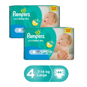 Pampers Active Baby-Dry Size 4 Large 7-14 kg Value Pack 44 Count x 2 pcs