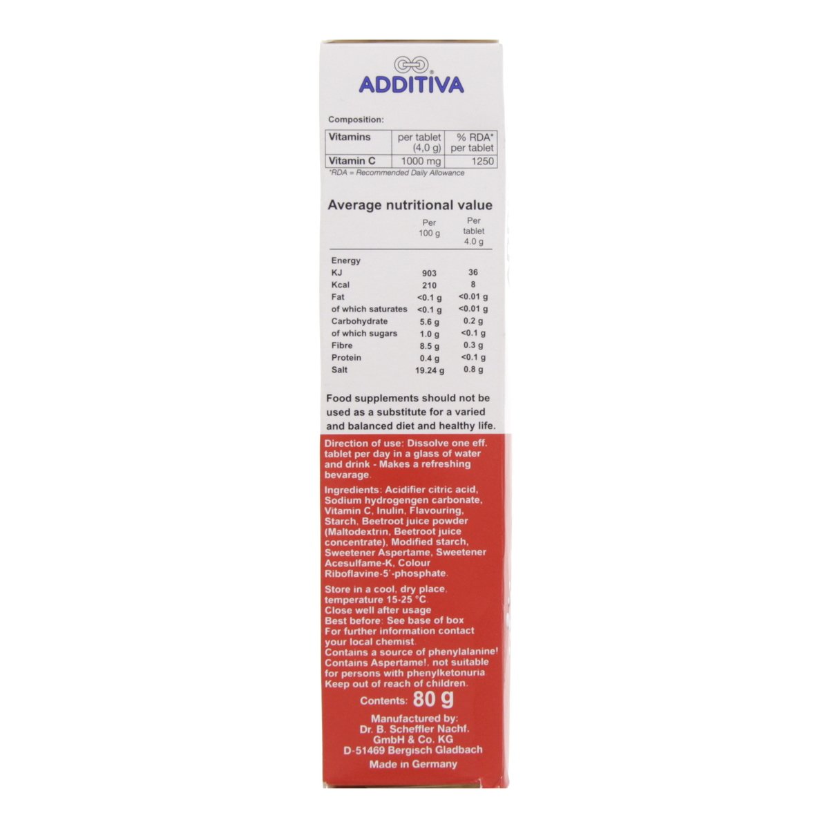 Additiva Vitamin C Red Orange Flavour 20 Effervescent Tablets