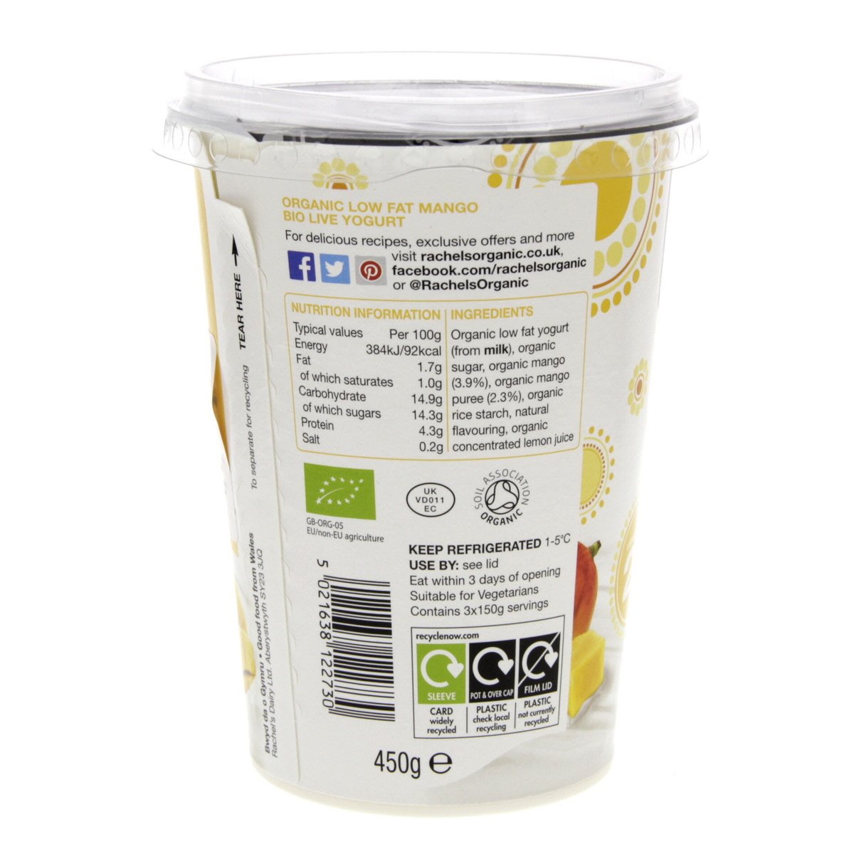 Rachel's Organic Low Fat Mango Bio Live Yogurt 450 g