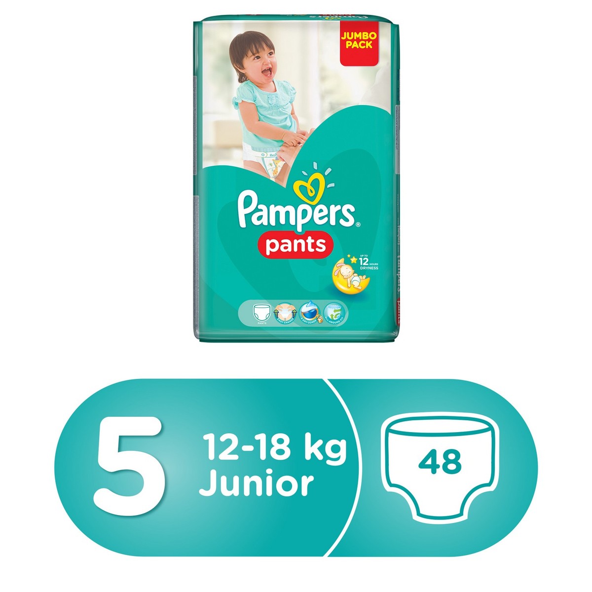 Pampers Pants Diapers, Size 5, Junior, 1218kg, Jumbo Pack, 48pcs Count