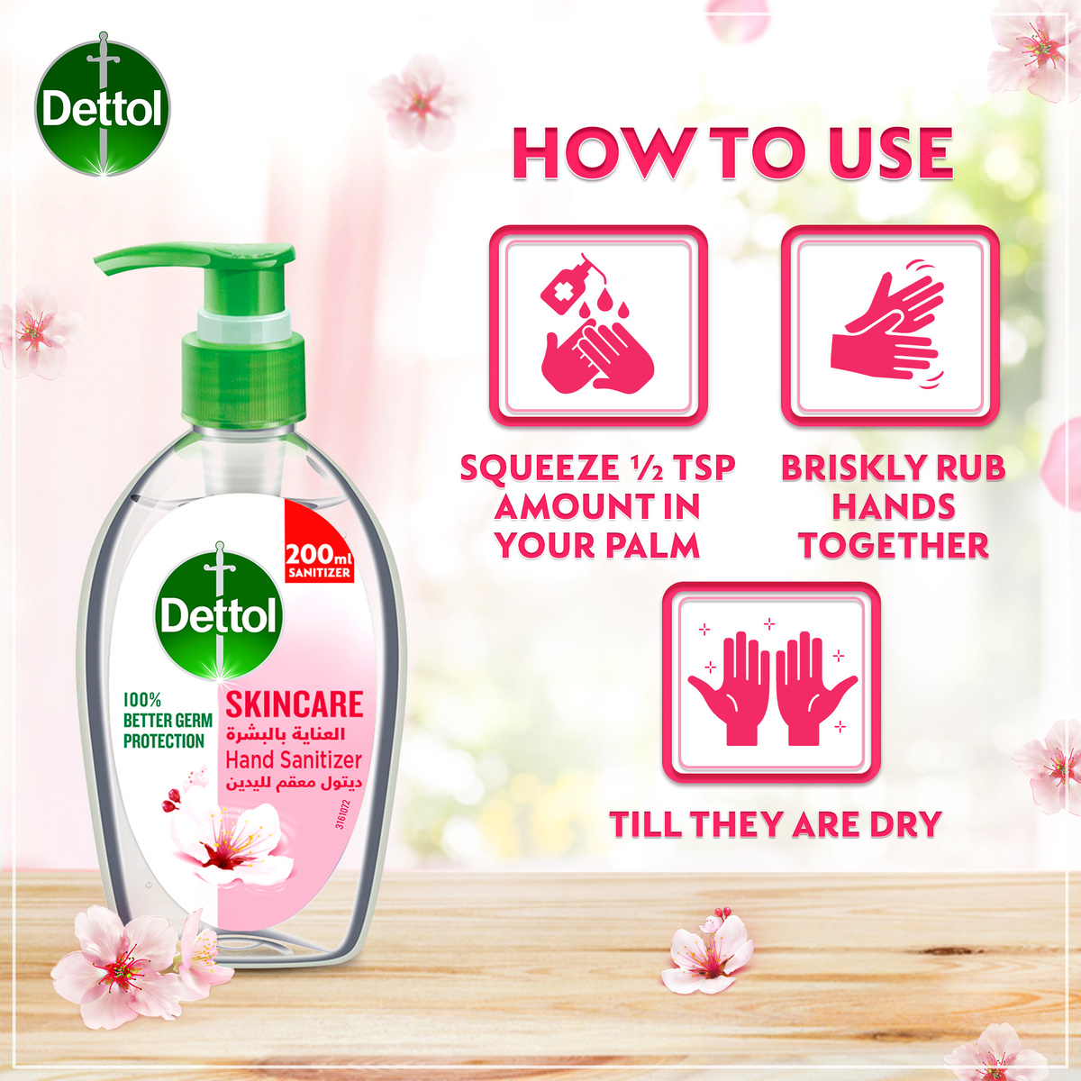 Dettol Skincare Hand Sanitizer for 100% Better Germ Protection & Personal Hygiene 200 ml