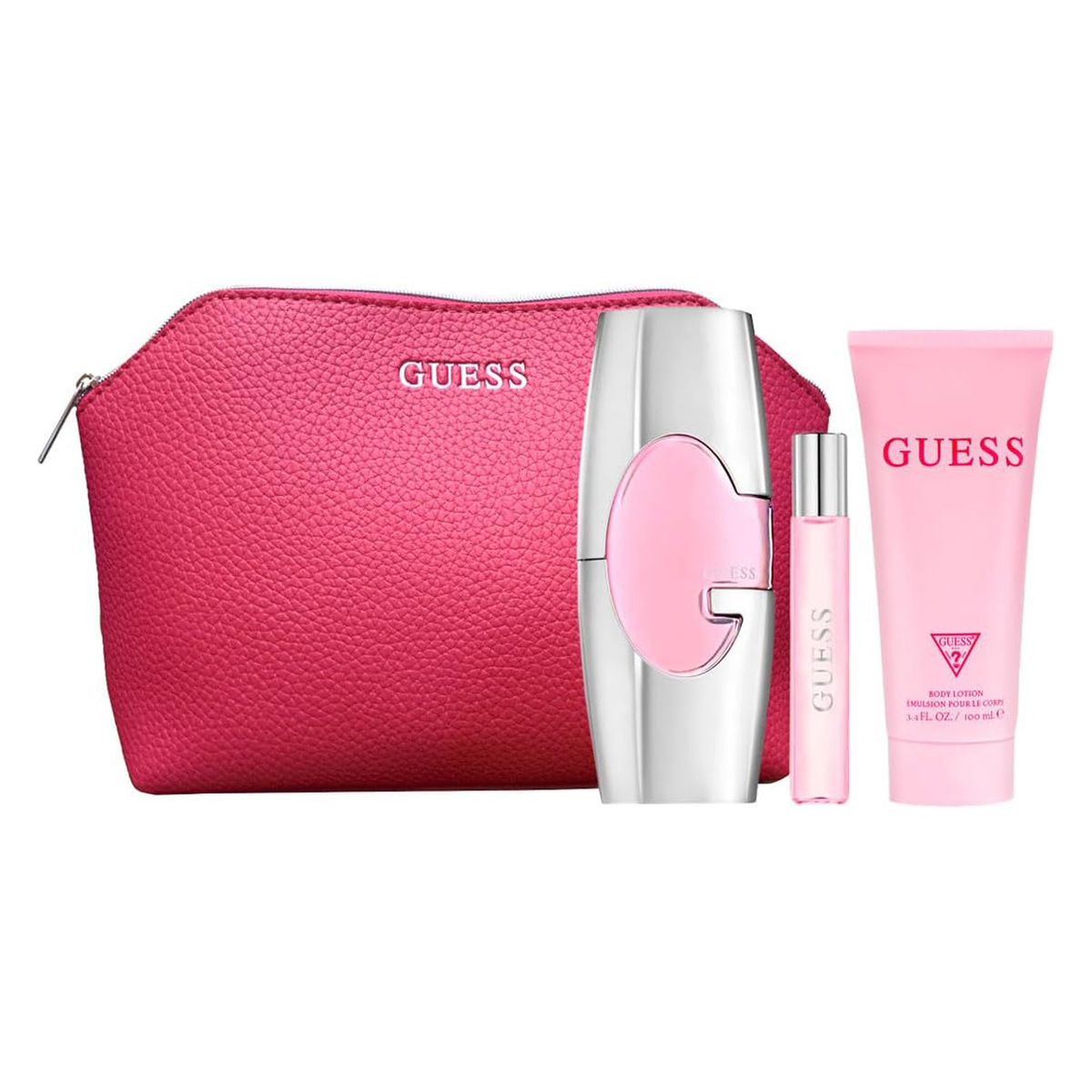 Guess Pink Set For Women, 75 ml Eau de Parfum, 15 ml TRAVEL Spray, 100 ml Body LotionWith Pouch