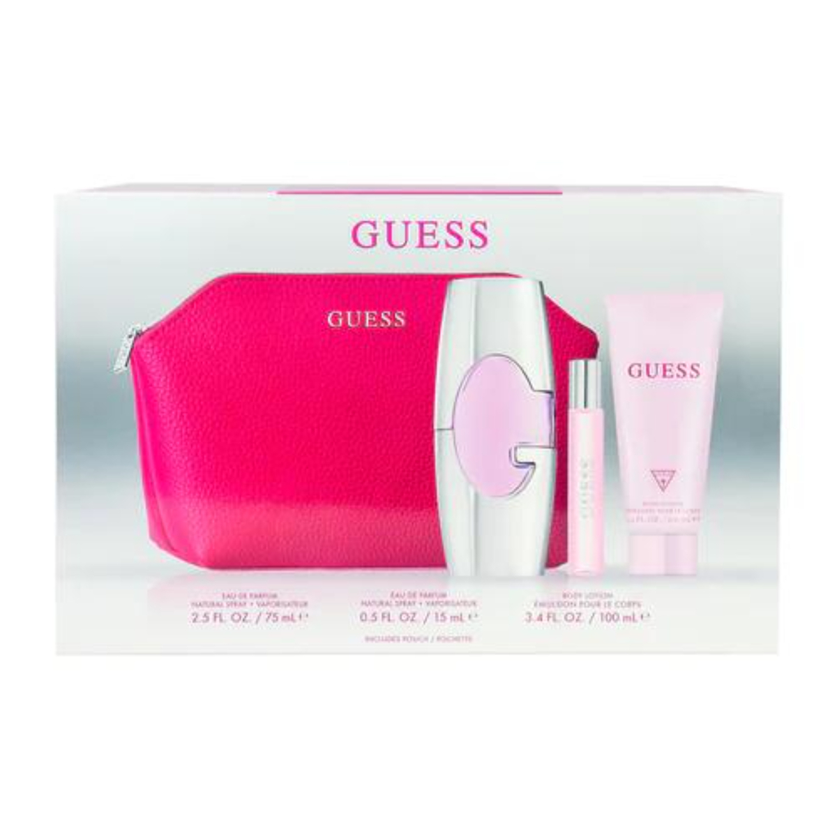 Guess Pink Set For Women, 75 ml Eau de Parfum, 15 ml TRAVEL Spray, 100 ml Body LotionWith Pouch