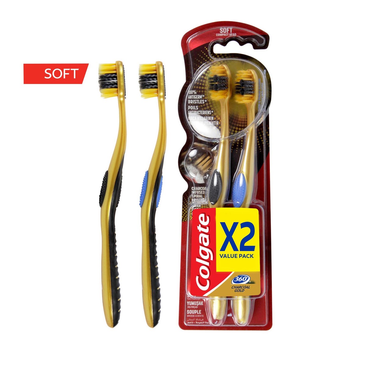 Colgate Toothbrush 360 Charcoal Gold Soft 2 pcs