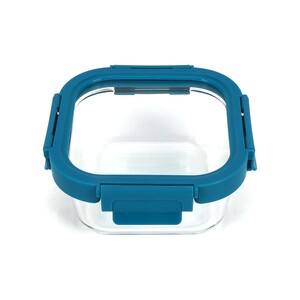 Chefline Square Food Storage Glass Container With Lid, Blue (Teal Blue), 800 ml