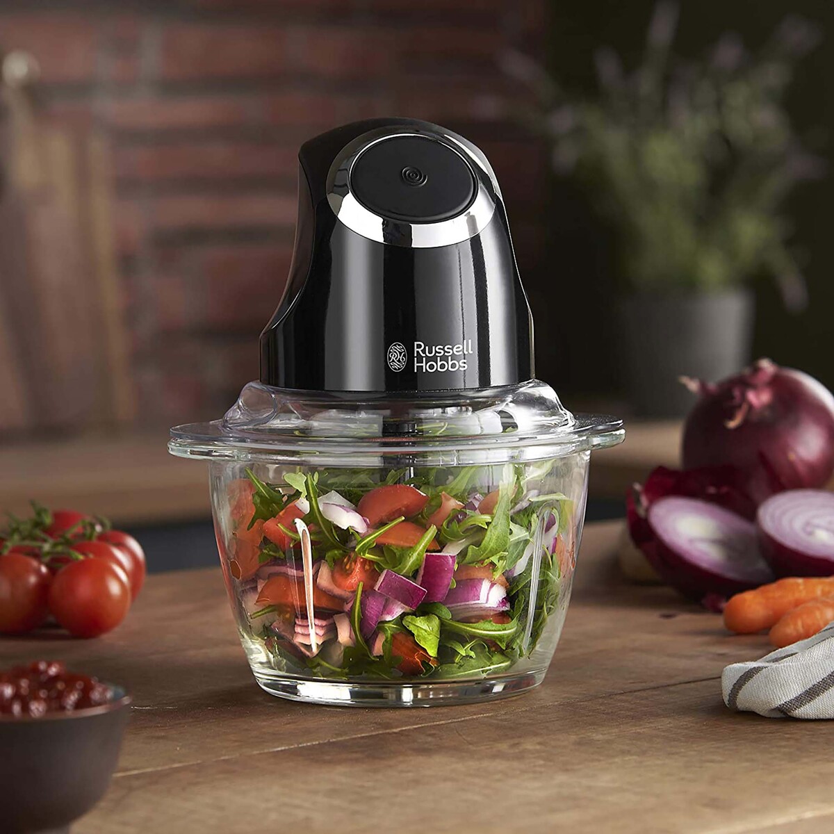 Russell Hobbs Desire Matte Black Mini Chopper 24662, Vegetable and Onion Chopper, 500ml Capacity Glass Bowl, Matte Black, 200W