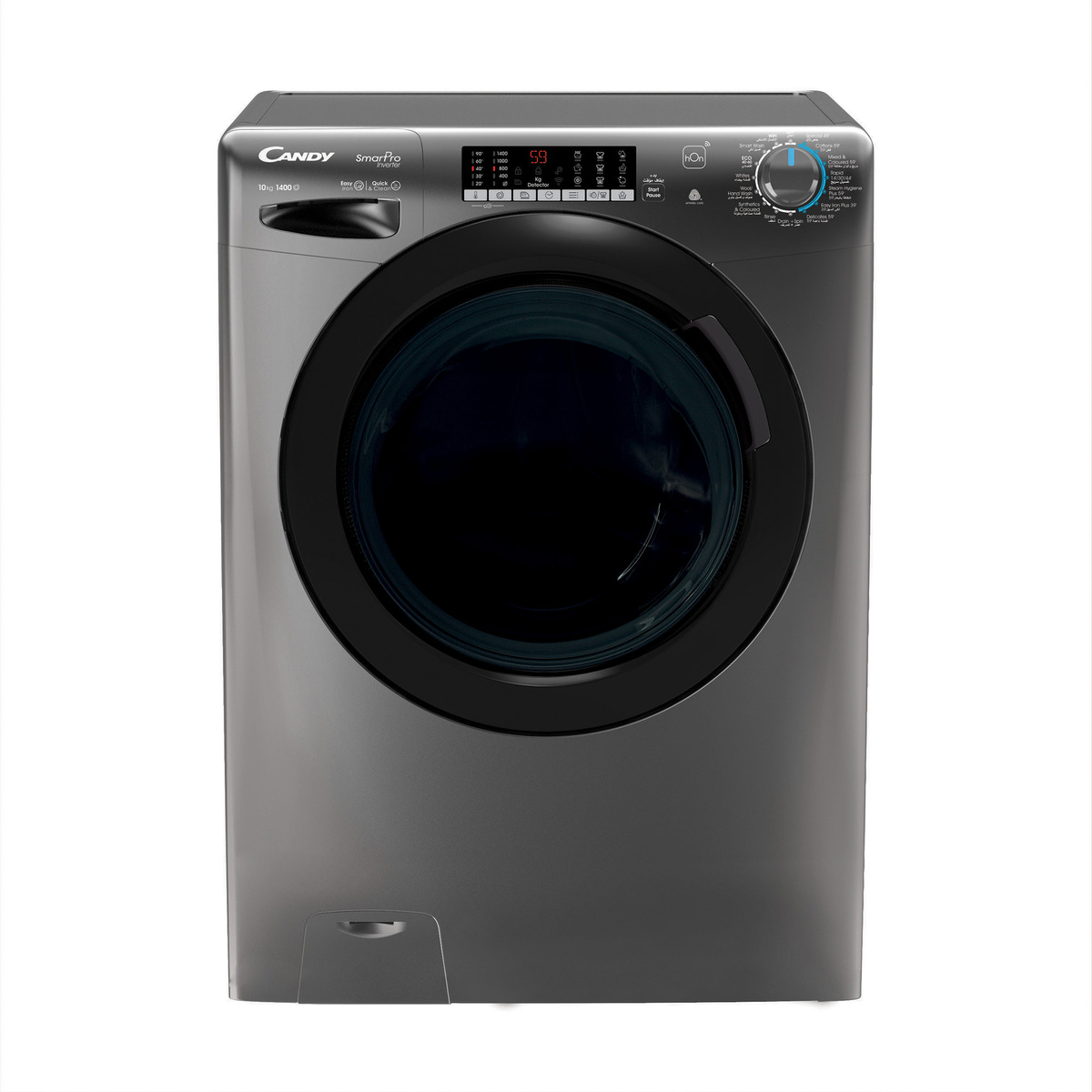 Candy Front Load Washing Machine, 10 kg, 1400 RPM, Black Smoky Door, Wi-Fi + BT, SmartPro Inverter Motor, Steam Function, Mix Power System, Class A, 6 Digit Display, Anthracite, CSO4106TWMBR-19