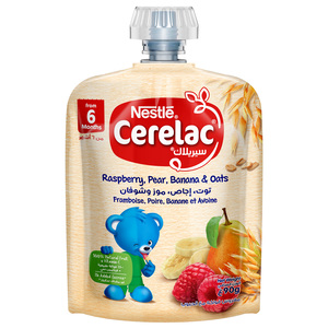 Nestle Cerelac Fruits Puree Pouch Raspberry Pear Banana & Oats From 6 Months 90 g