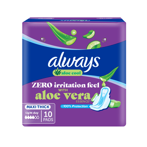 Always Aloe Cool Aloe Vera Essence For Light Days For Zero Irritation Feel Long Maxi Thick Sanitary Pads With Wings 10pcs