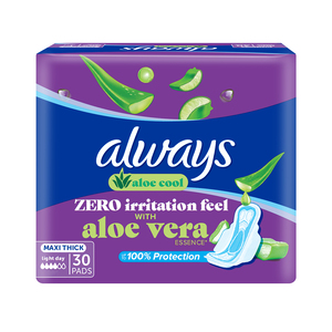 Always Aloe Cool Aloe Vera Essence For Light Days For Zero Irritation Feel Long Maxi Thick Pads Sanitary Pads With Wings 30pcs