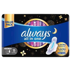 Always All in One Ultra Thin Night Sanitary Pads With Wings 16 pcs