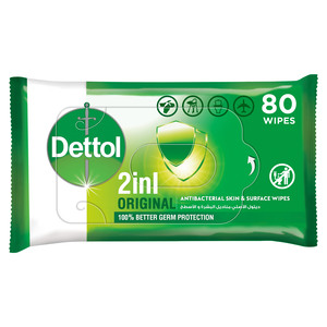 Dettol Original 2 in 1 Antibacterial Skin and Surface Wipes for 100% Better Germ Protection 80pcs