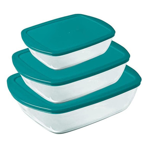 Pyrex Rectangle Glass Container with Green Lid, Set of 3, 913S342